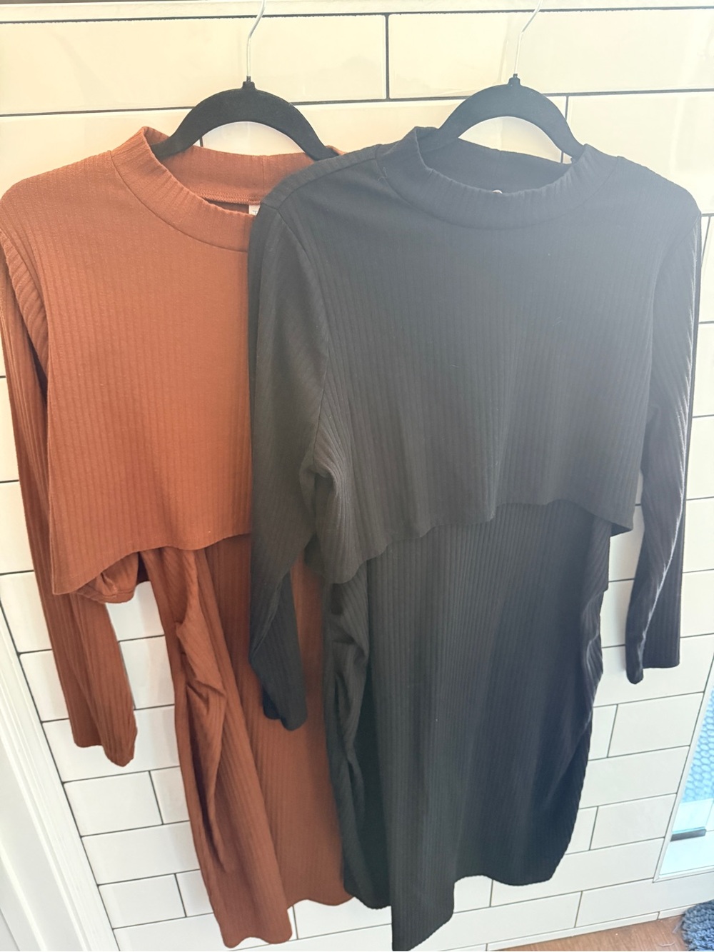 Ribbed Long Sleeve Layered Midi Dress - Black and Burnt Orange